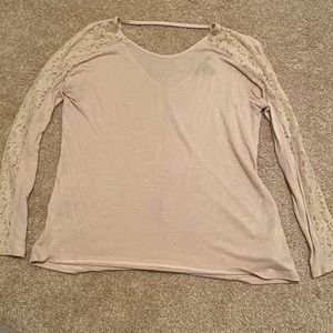 Tan Half-Sleeve Blouse with Lace Sleeves